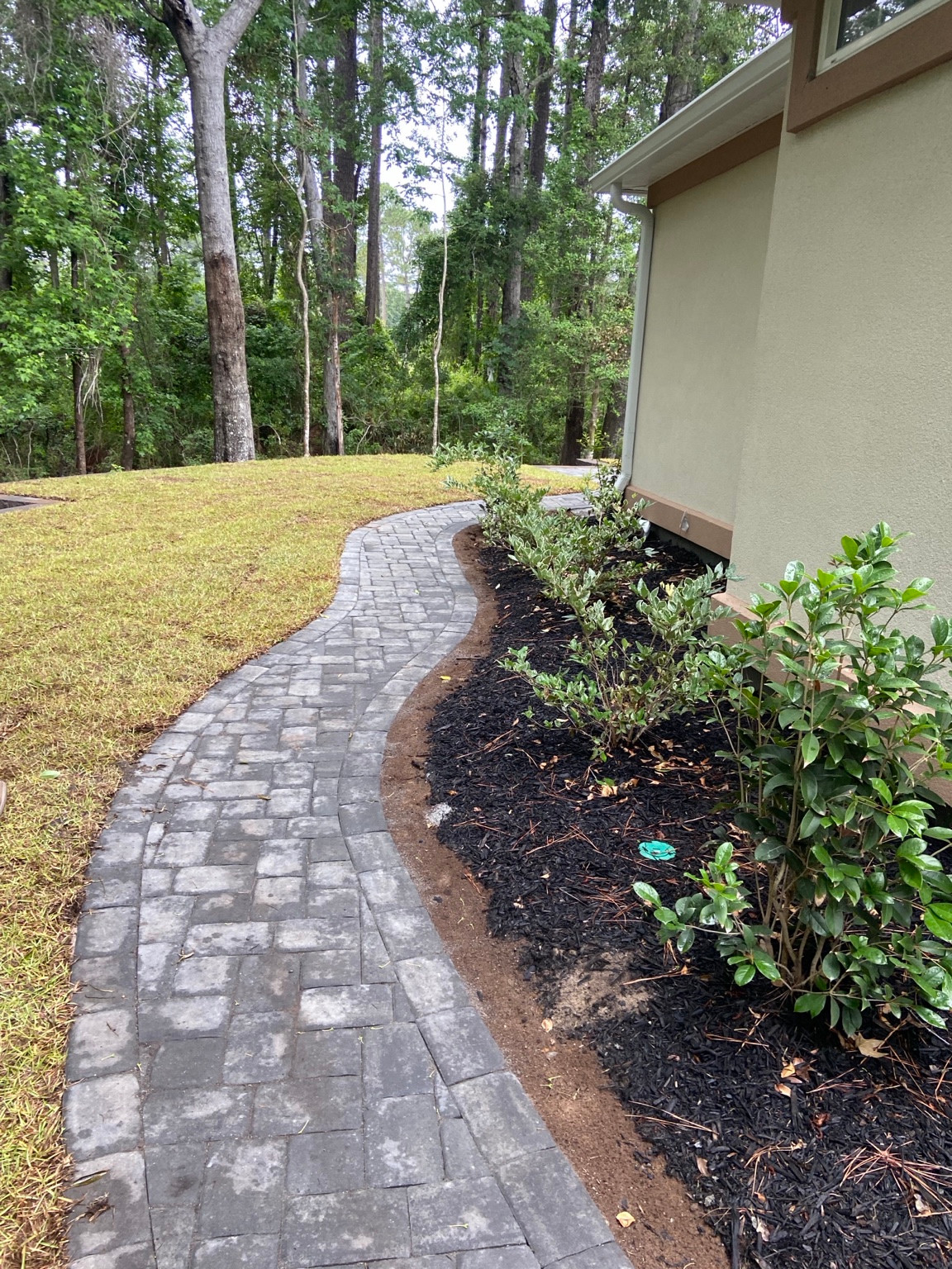 Curved paver walkway with a dark border
