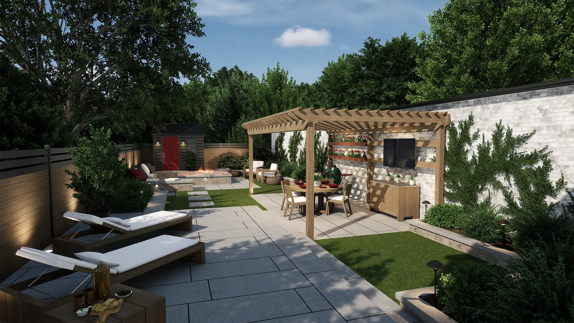3D backyard design example showing a pergola, dining area, paving and planting beds