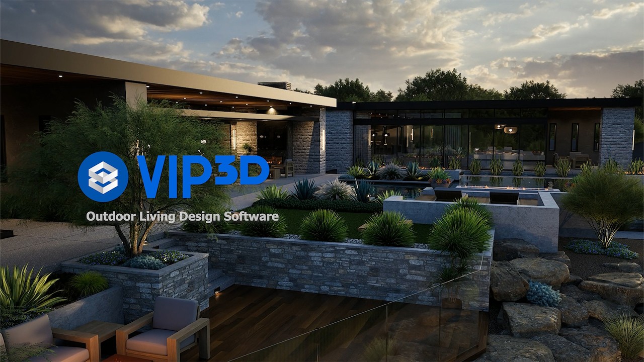 VIP3D outdoor living software example with stone walls and landscape lighting