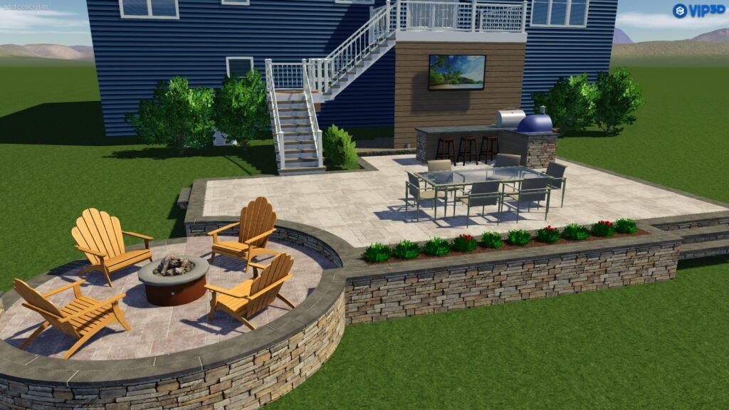 3D rendering of a raised patio, circular fire pit and outdoor kitchen